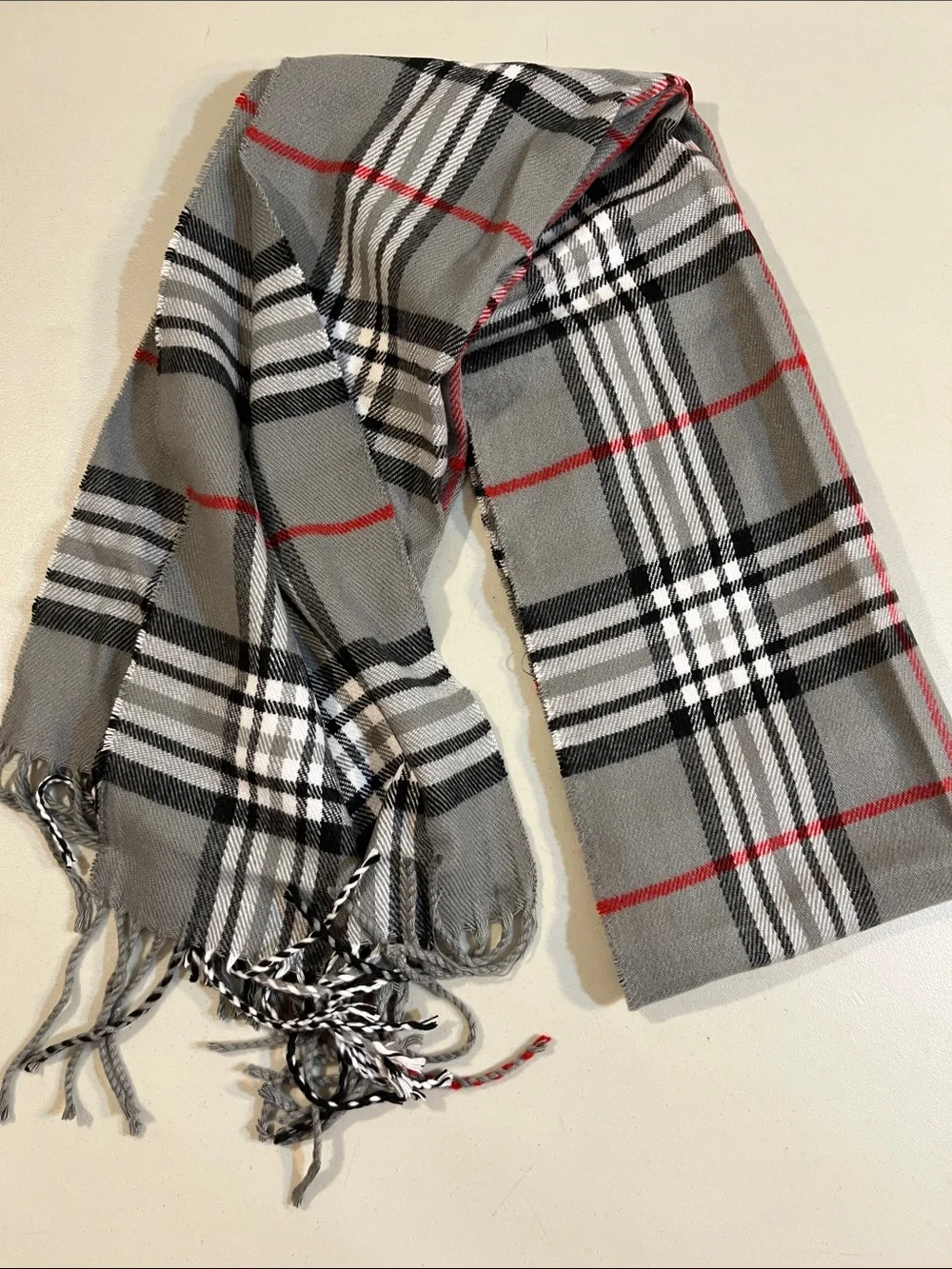 Gray Plaid Men's Scarf with Red Windowpane Accent